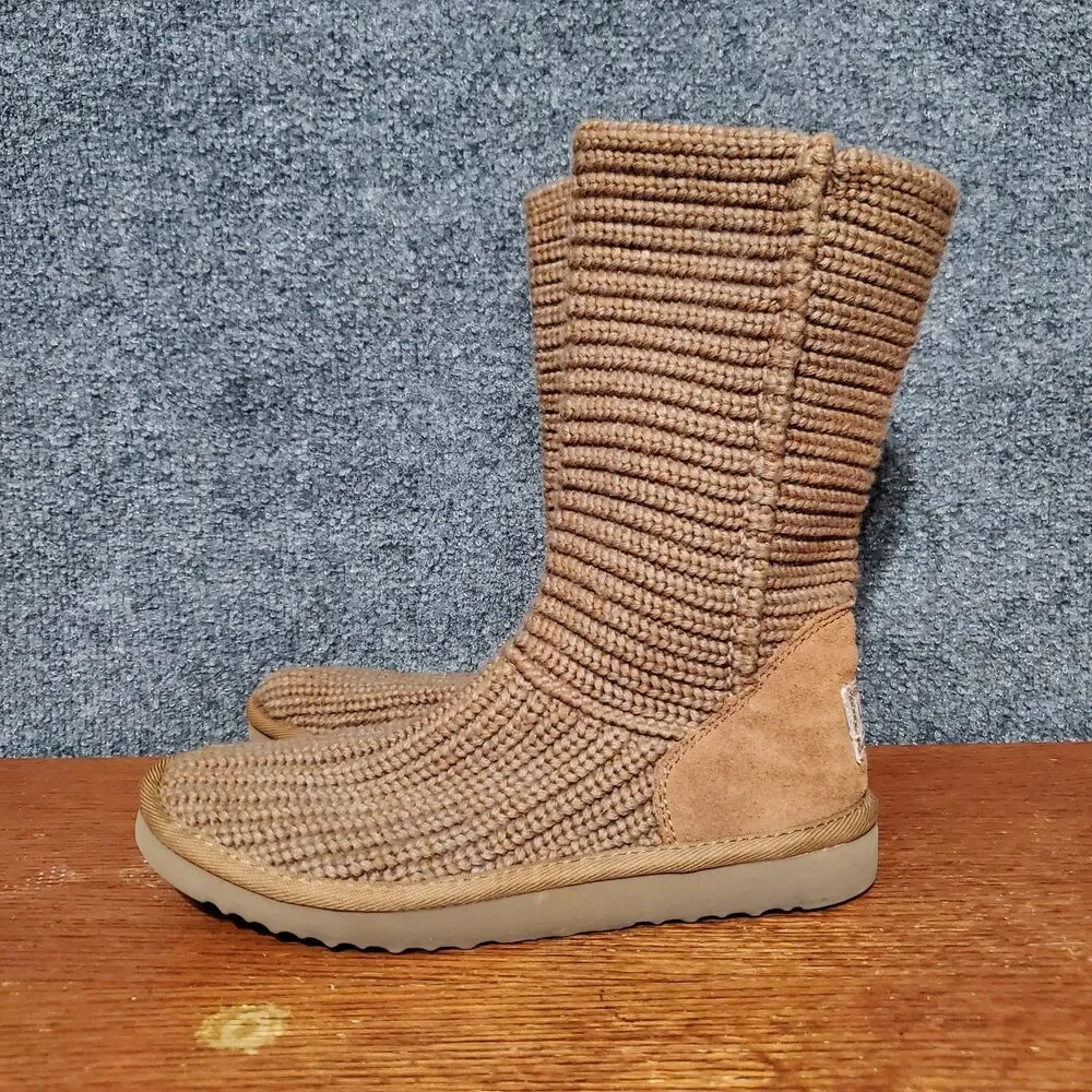 UGG Classic Crochet Boots Womens Size 7 Tan Brown Sheep Skin Knitted Casual Rare